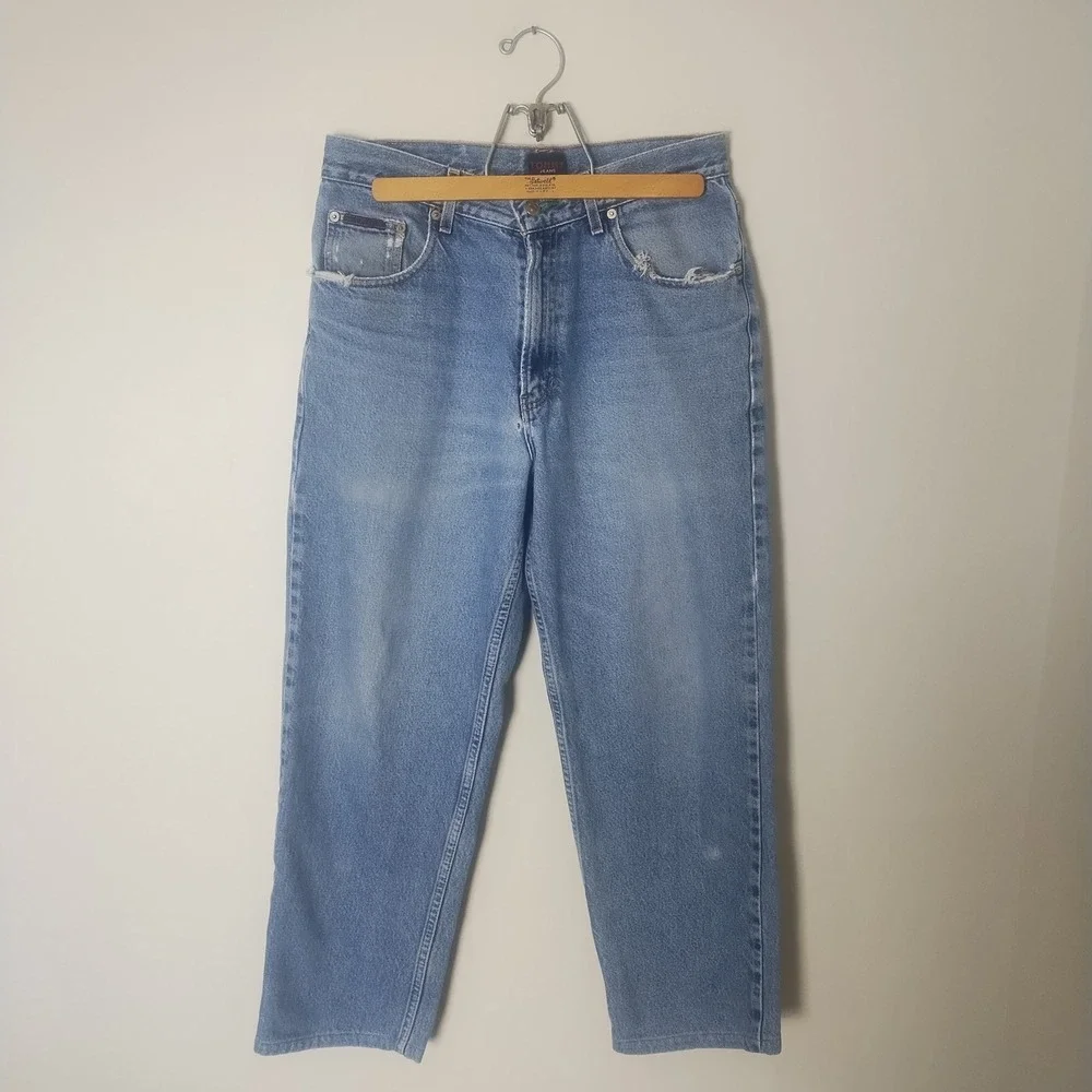 Vintage Tommy Hilfiger Jeans Mens 31x27 Straight Leg Thrashed Flag Logo 2000s
